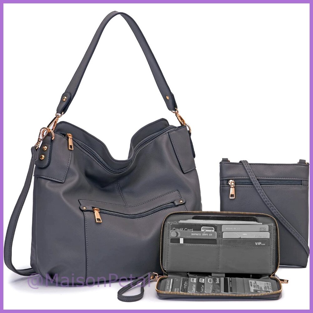 Large Hobo Shoulder Bag Crossbody Purse Set with Wallet Faux Leather